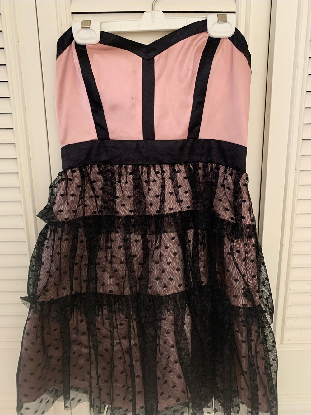 ARDAN B. Pink with  Strapless Polka Dot Tulle Dress with Black Trim